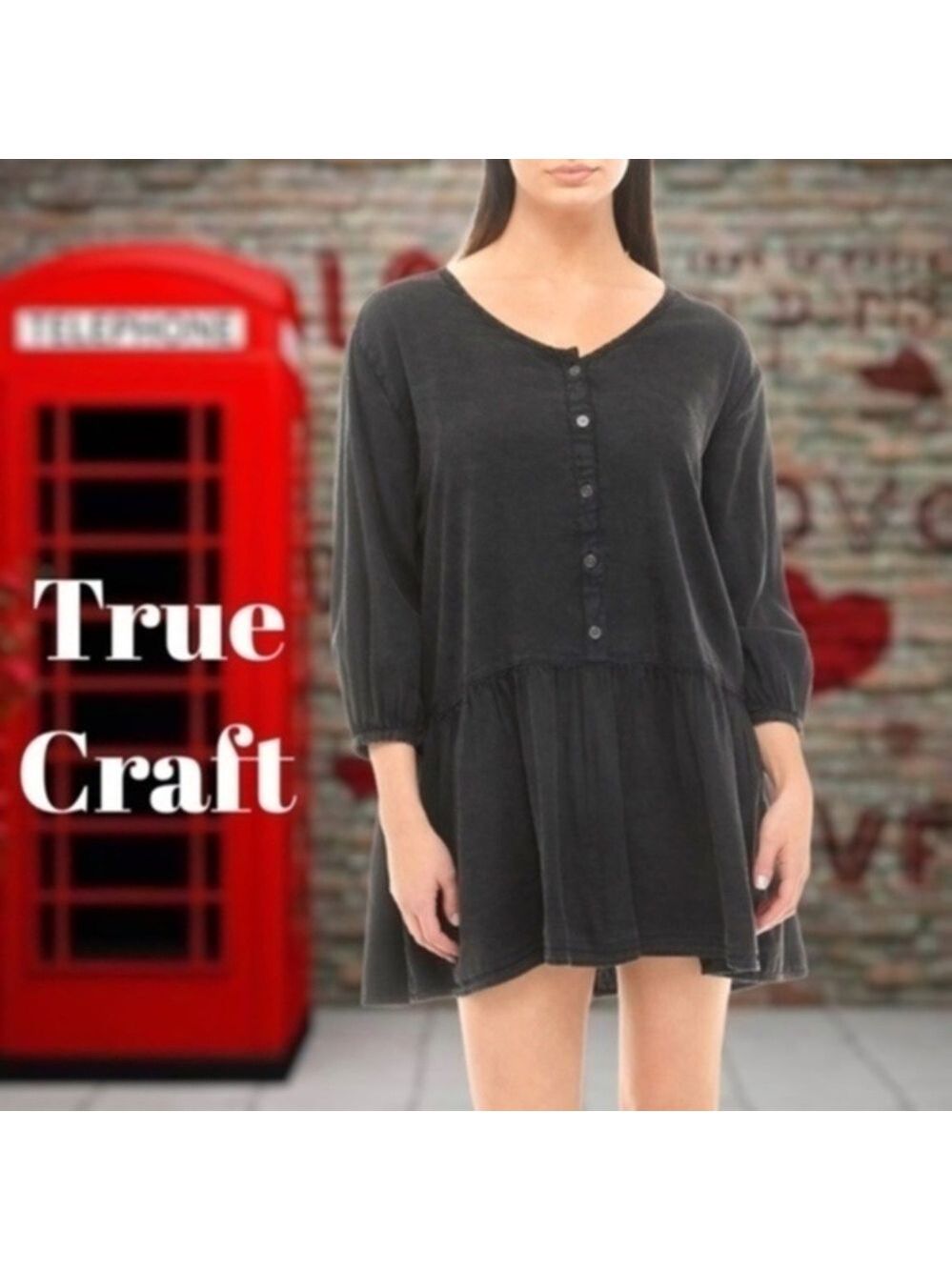 TRUE Craft Long Sleeve Button Front Mini Dress in Black